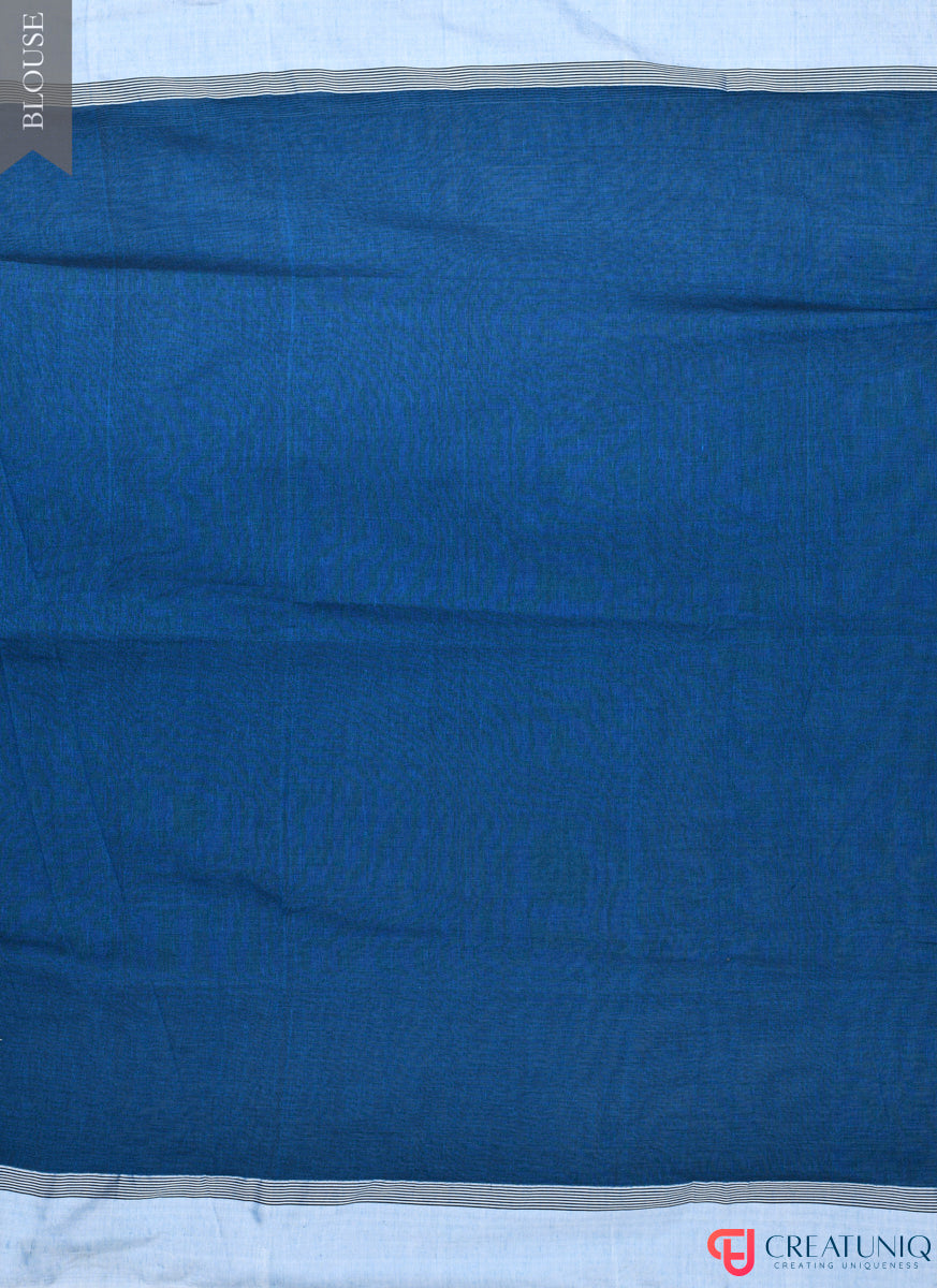 Handwoven Pure Cotton Saree with White Border and Blooming Floral Pallu - Blue