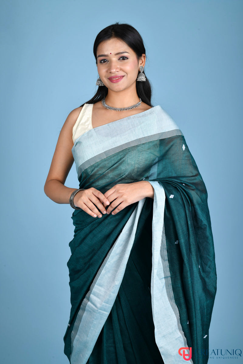 Handwoven Pure Cotton Saree with White Border and Blooming Floral Pallu - Green
