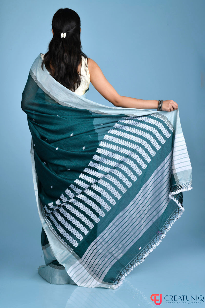 Handwoven Pure Cotton Saree with White Border and Blooming Floral Pallu - Green