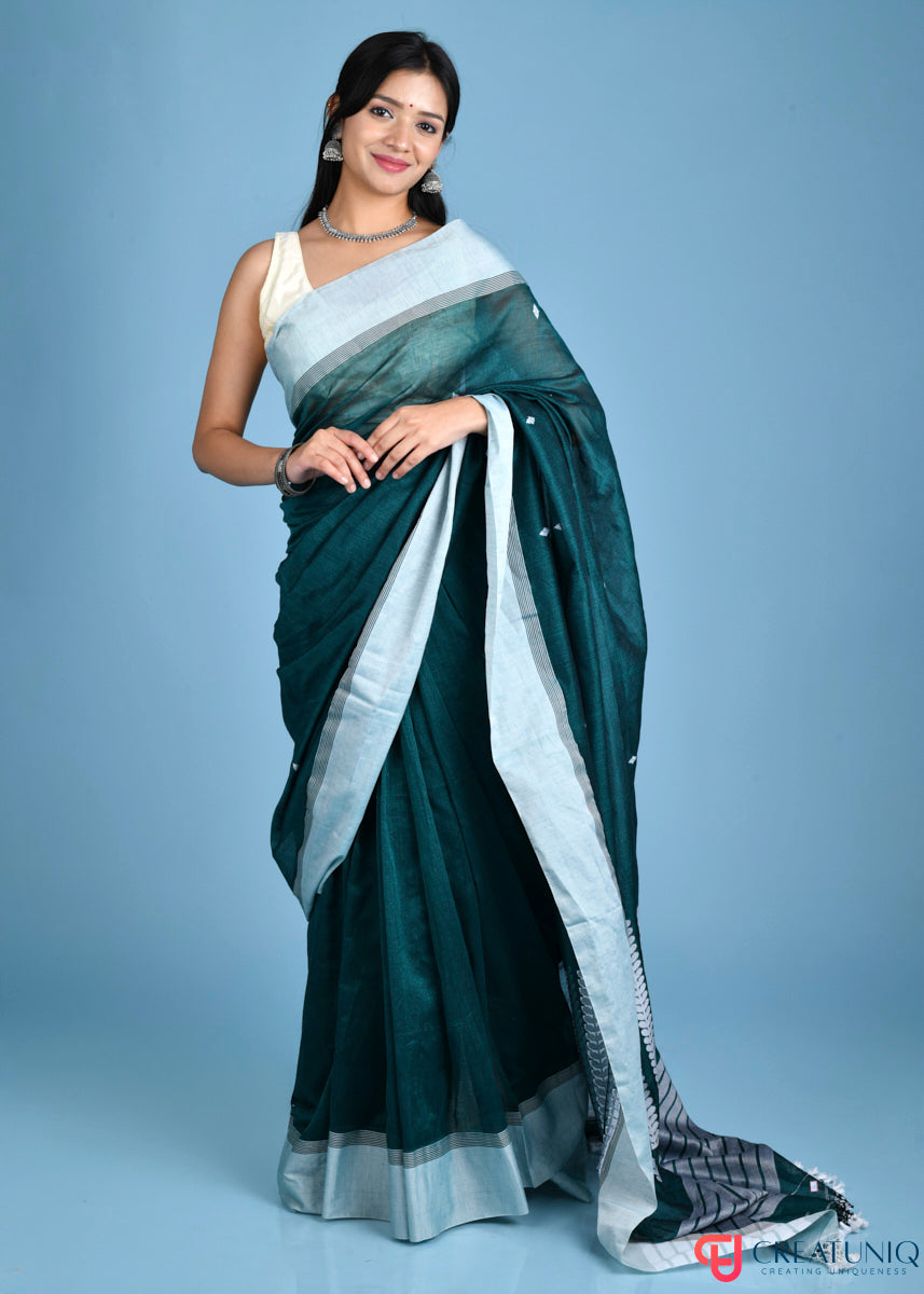 Handwoven Pure Cotton Saree with White Border and Blooming Floral Pallu - Green