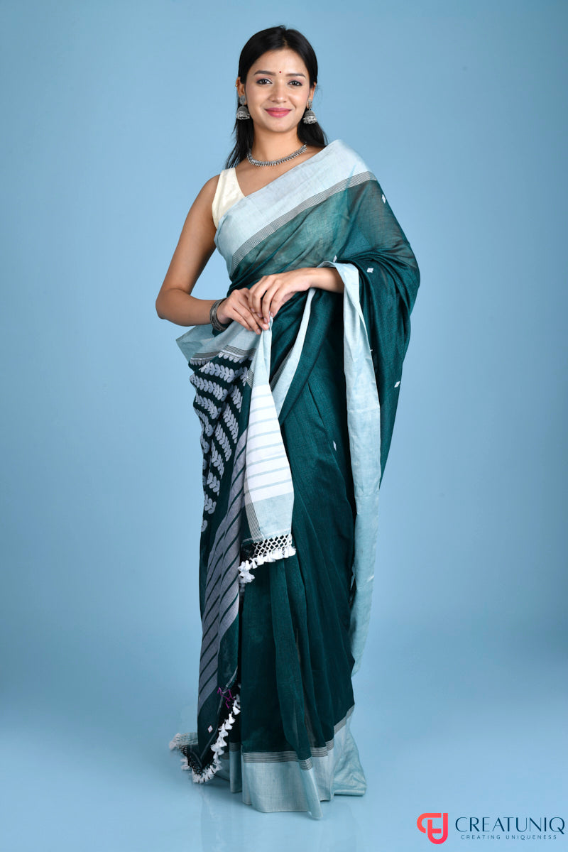 Handwoven Pure Cotton Saree with White Border and Blooming Floral Pallu - Green