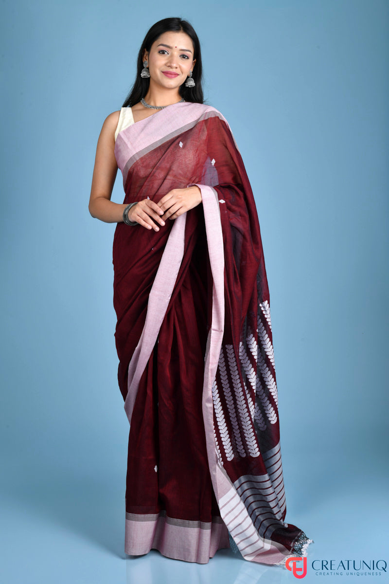 Handwoven Pure Cotton Saree with White Border and Blooming Floral Pallu - Maroon