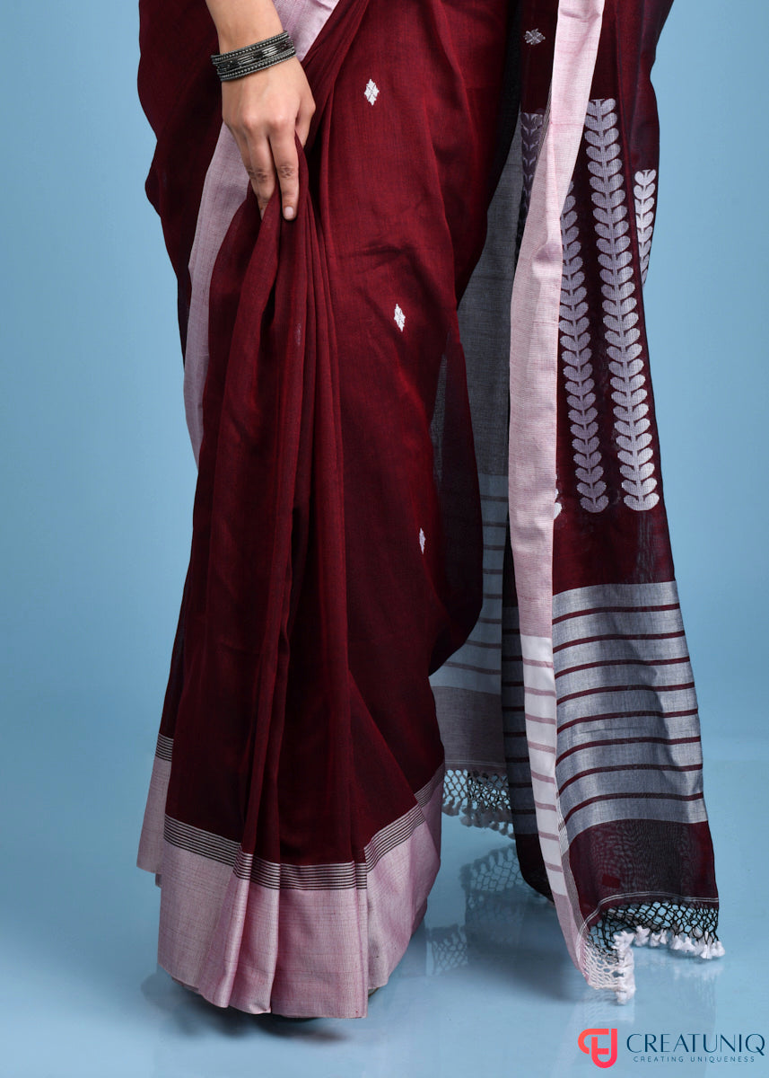 Handwoven Pure Cotton Saree with White Border and Blooming Floral Pallu - Maroon