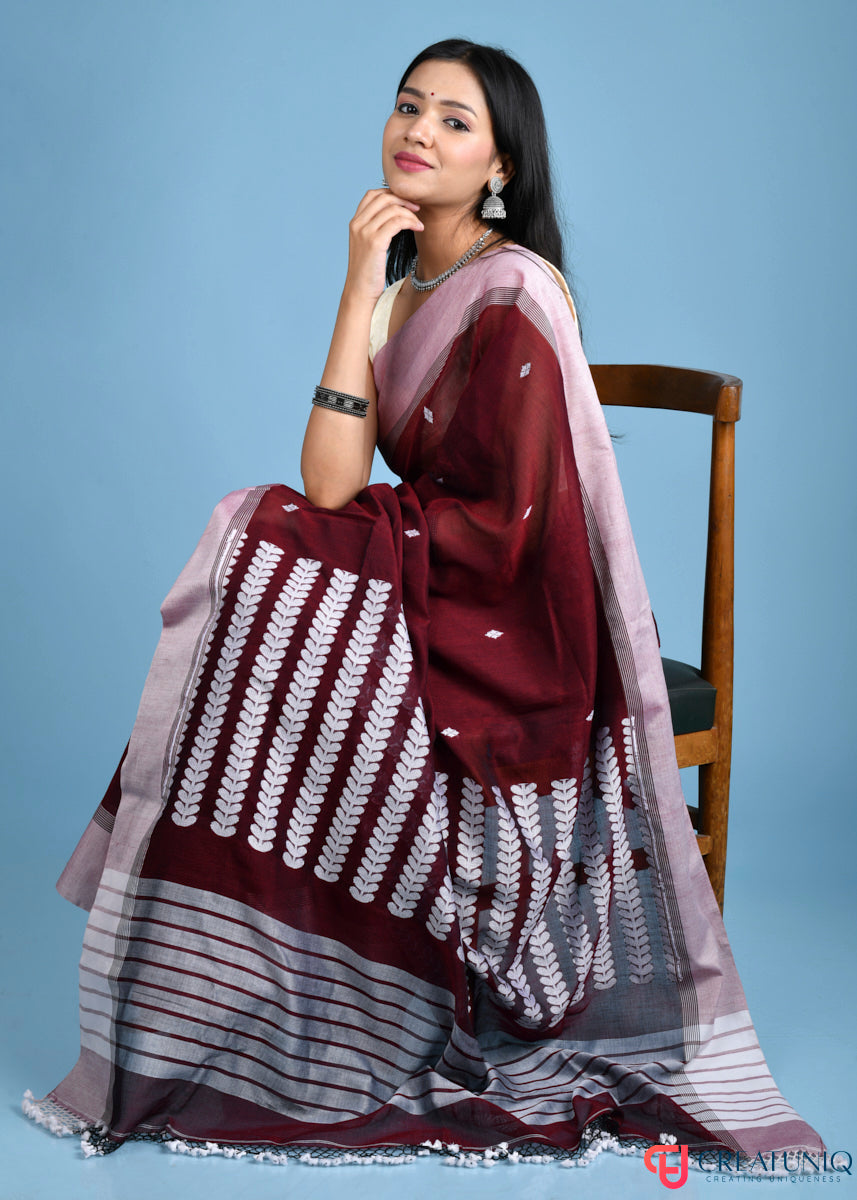 Handwoven Pure Cotton Saree with White Border and Blooming Floral Pallu - Maroon