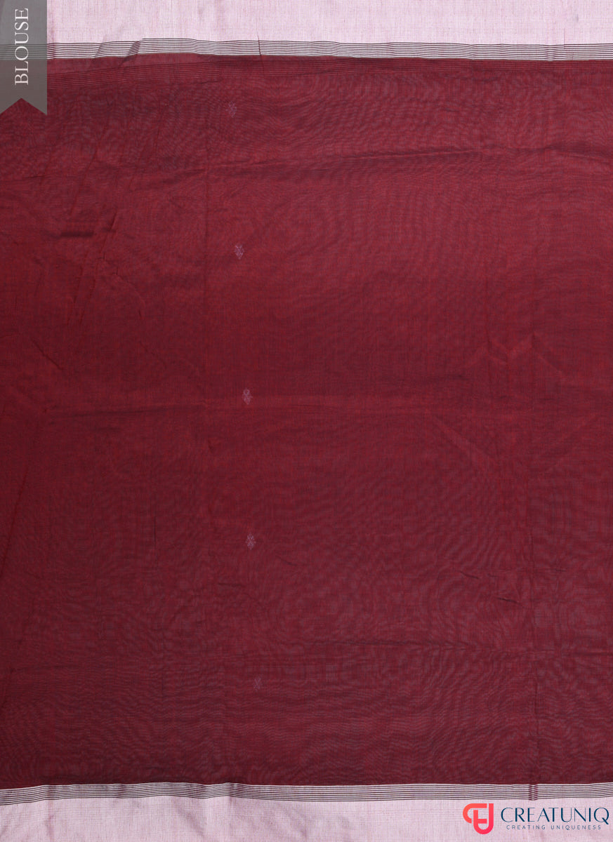 Handwoven Pure Cotton Saree with White Border and Blooming Floral Pallu - Maroon