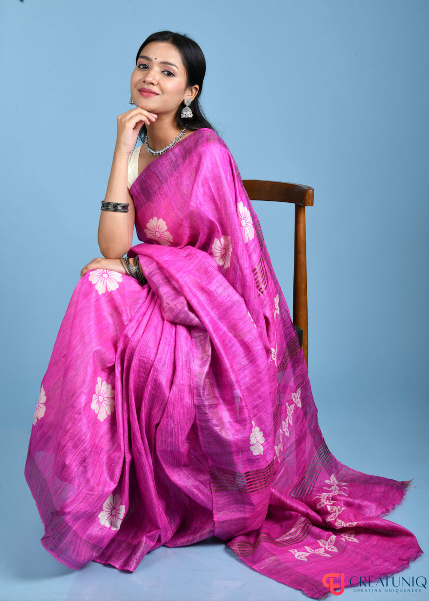 Handwoven Pure Silk Saree Adorned with Floral and Leaf Design - Pink