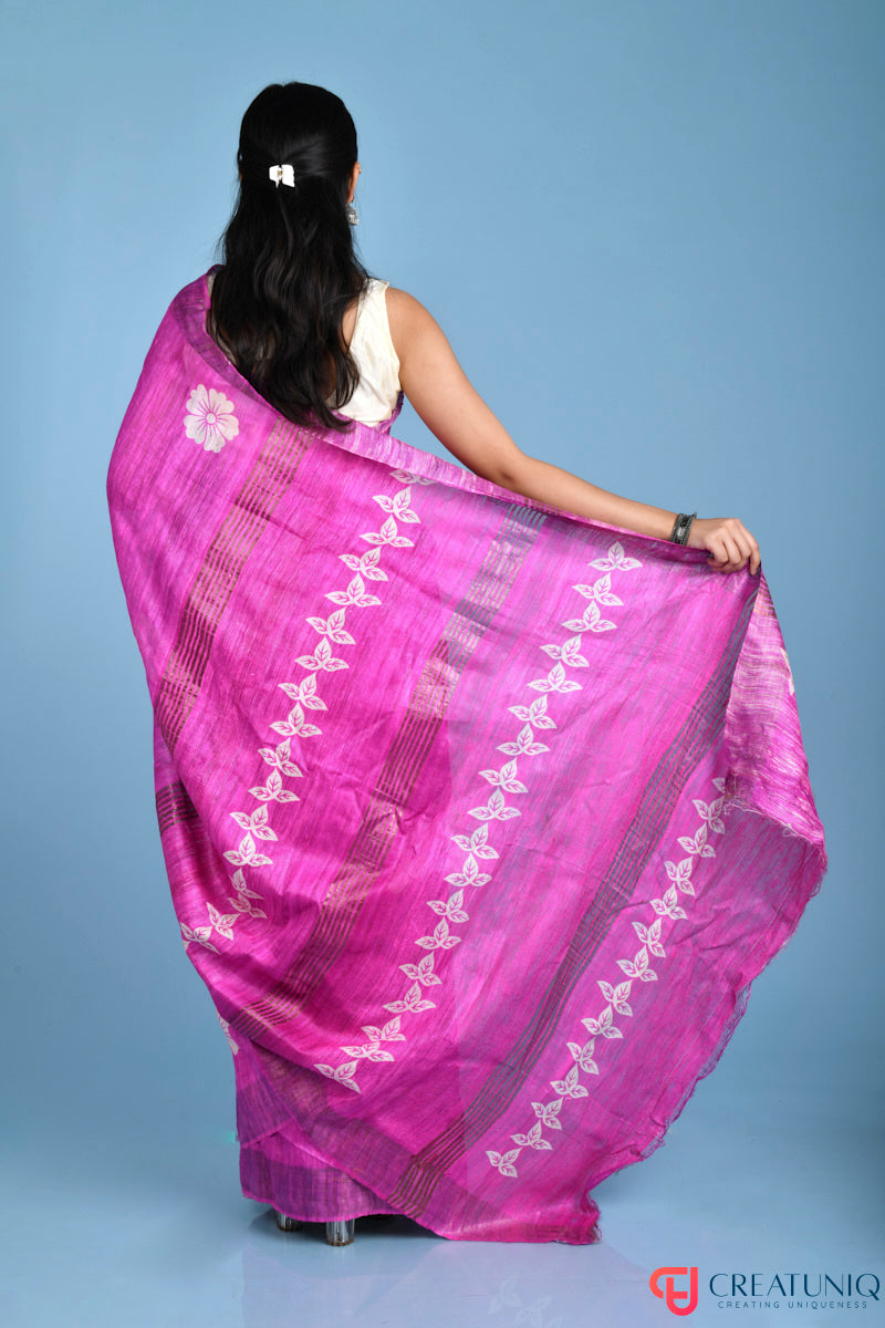 Handwoven Pure Silk Saree Adorned with Floral and Leaf Design - Pink