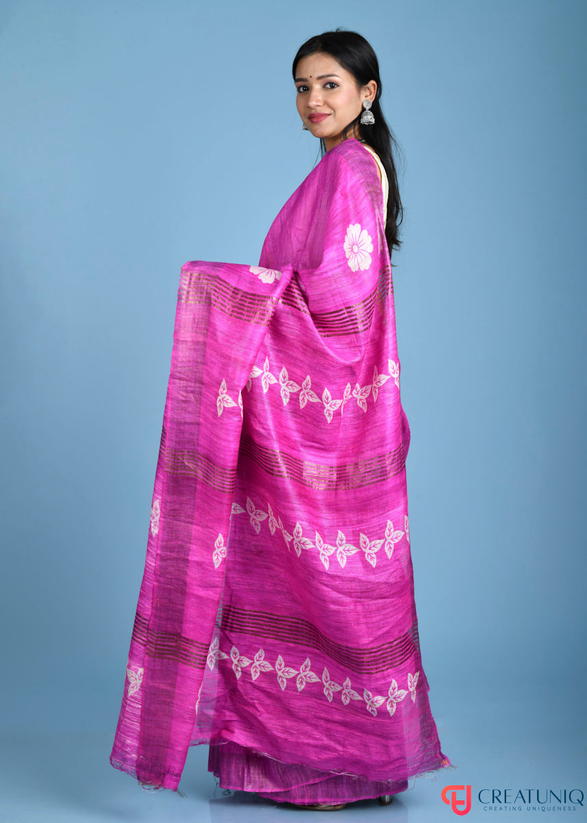 Handwoven Pure Silk Saree Adorned with Floral and Leaf Design - Pink