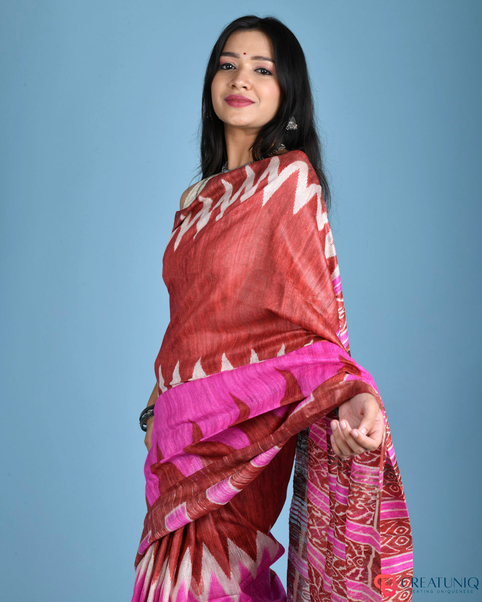Handwoven Pure Silk Saree Adorned with Regal Geometric Design - Pink and Brown
