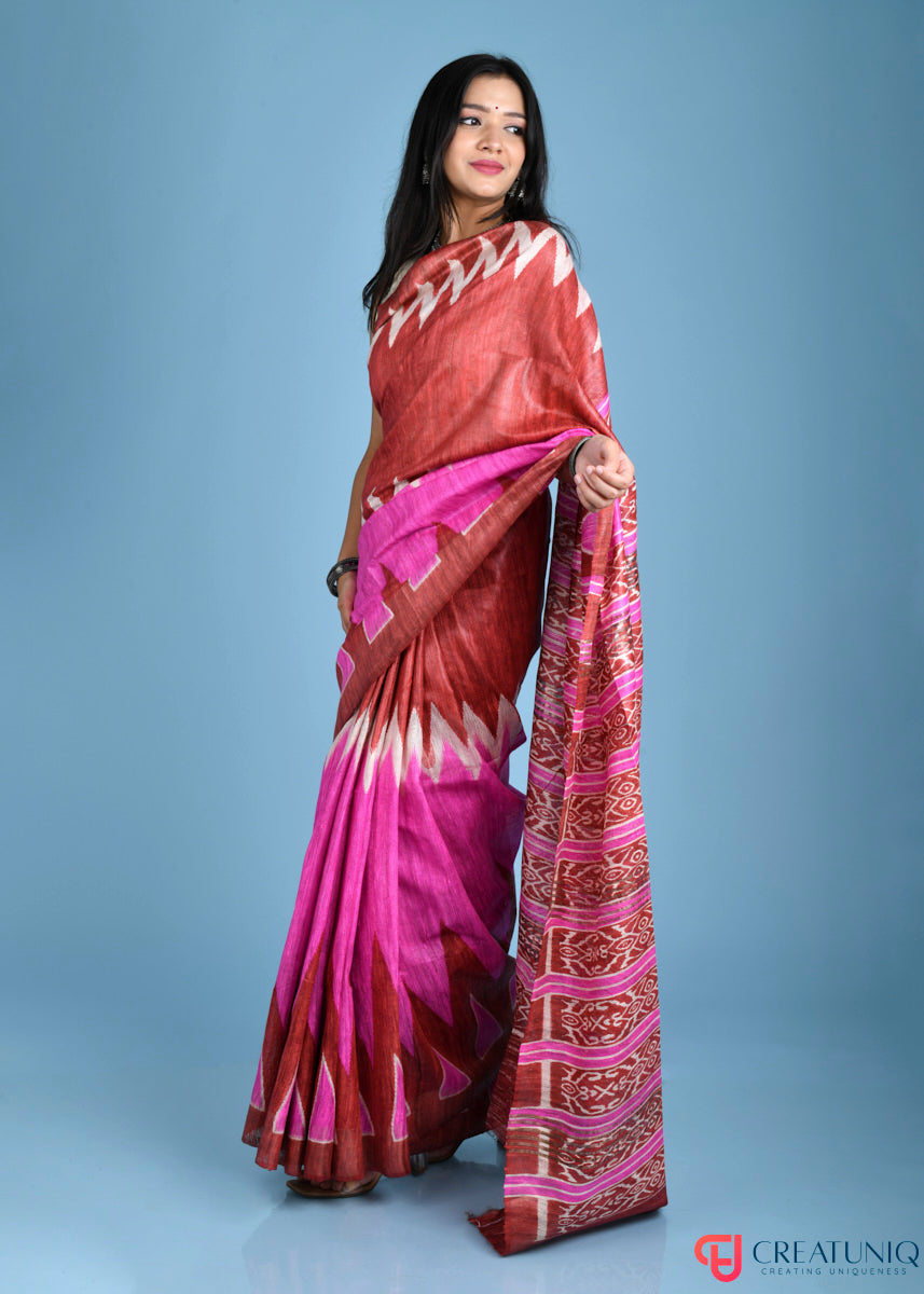 Handwoven Pure Silk Saree Adorned with Regal Geometric Design - Pink and Brown