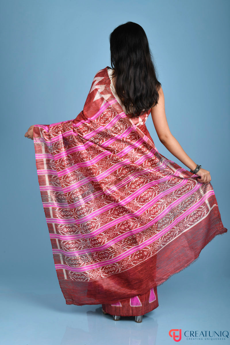 Handwoven Pure Silk Saree Adorned with Regal Geometric Design - Pink and Brown
