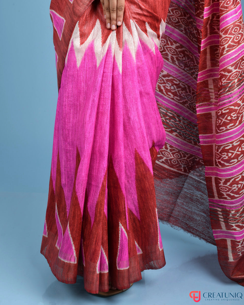 Handwoven Pure Silk Saree Adorned with Regal Geometric Design - Pink and Brown