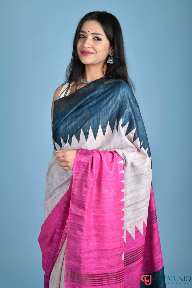 Handwoven Pure Silk Saree Adorned with Regal Geometric Design - Pink and Dark Green