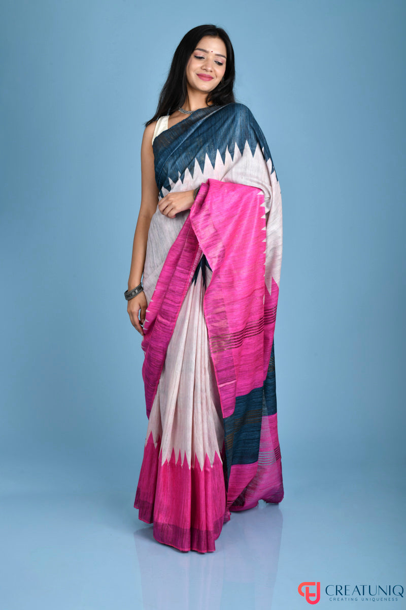 Handwoven Pure Silk Saree Adorned with Regal Geometric Design - Pink and Dark Green