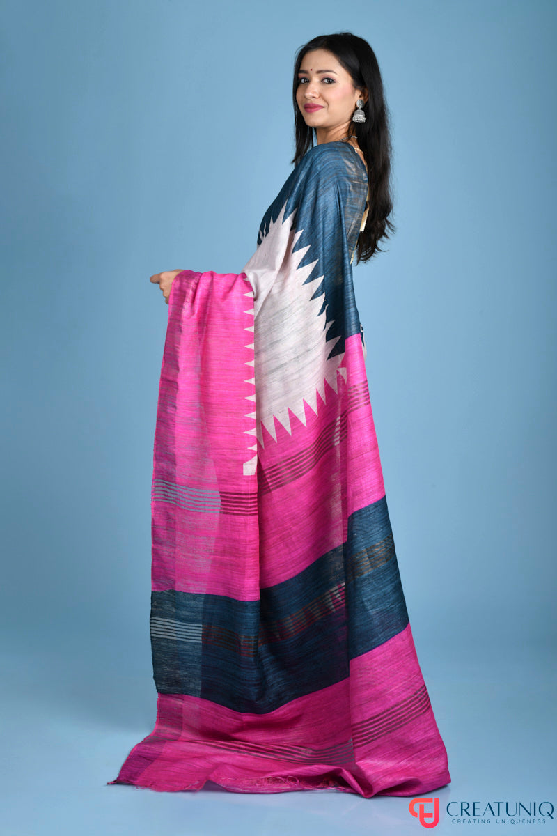 Handwoven Pure Silk Saree Adorned with Regal Geometric Design - Pink and Dark Green