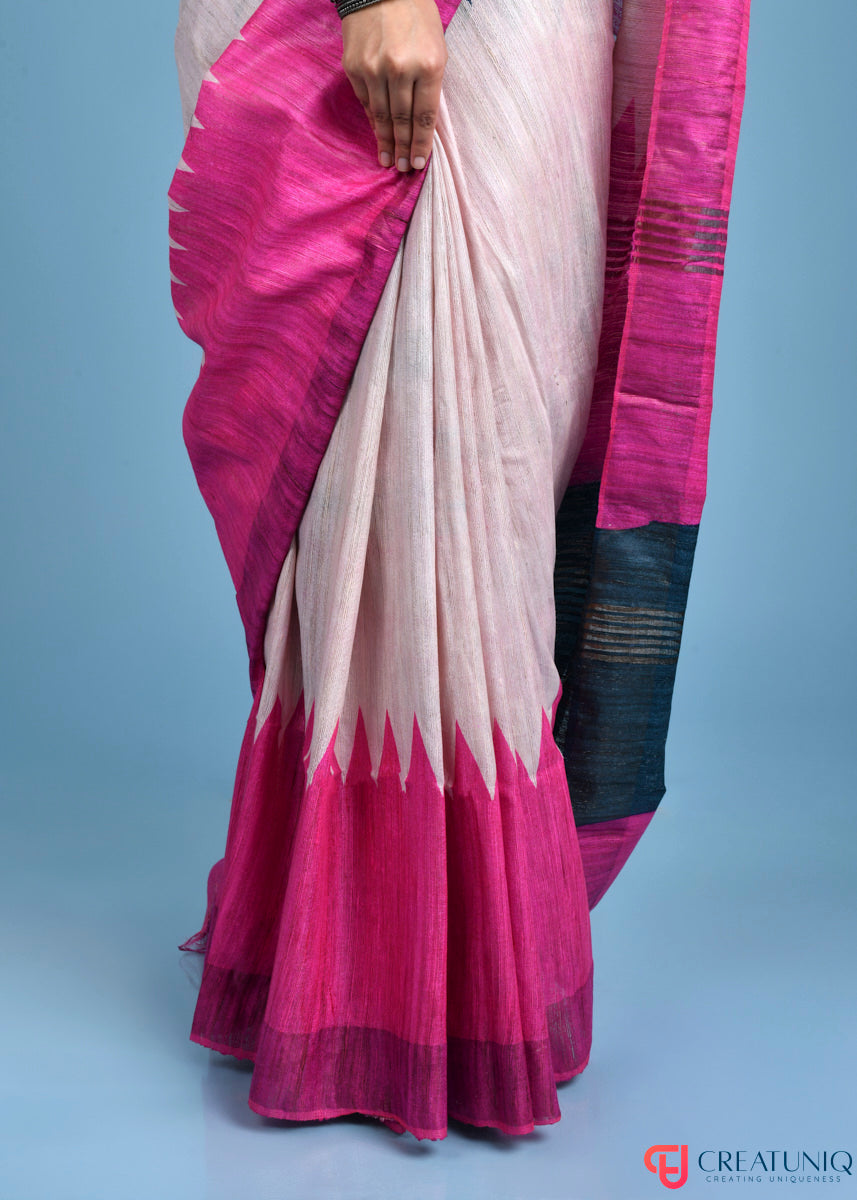 Handwoven Pure Silk Saree Adorned with Regal Geometric Design - Pink and Dark Green