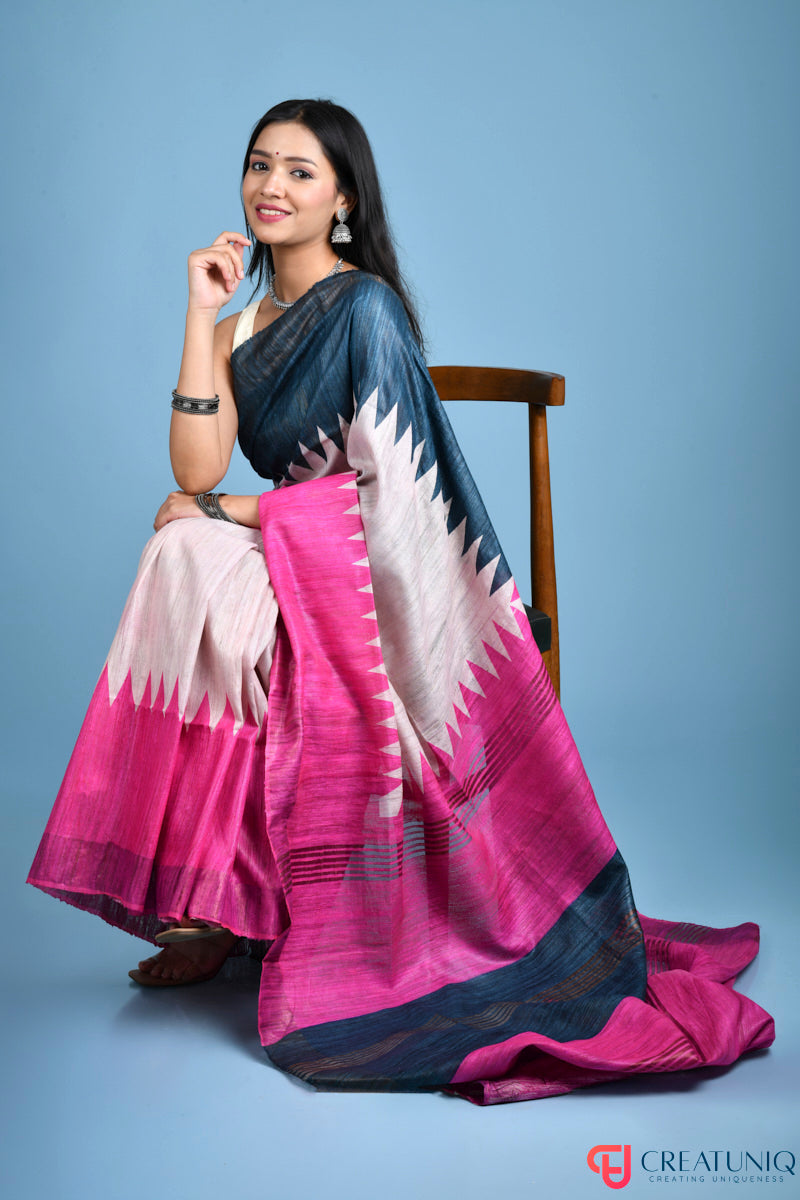 Handwoven Pure Silk Saree Adorned with Regal Geometric Design - Pink and Dark Green