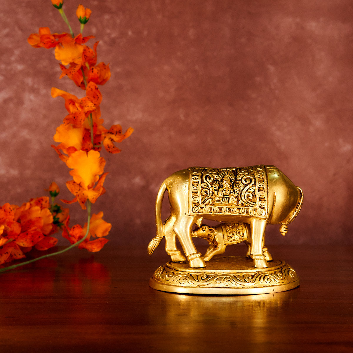 Kamdhenu Cow Brass Statue 5" with Antique Polish