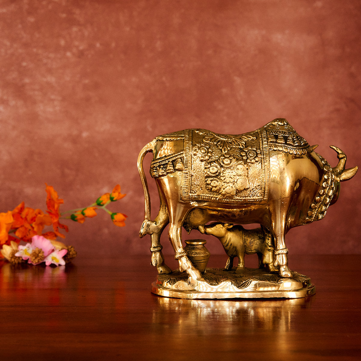 Kamdhenu Cow Brass Statue 7" with Antique Polish