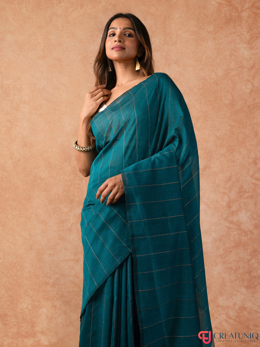 Katia Strip Bengal Handloom Pure Mul Cotton Saree – Blue & Grey