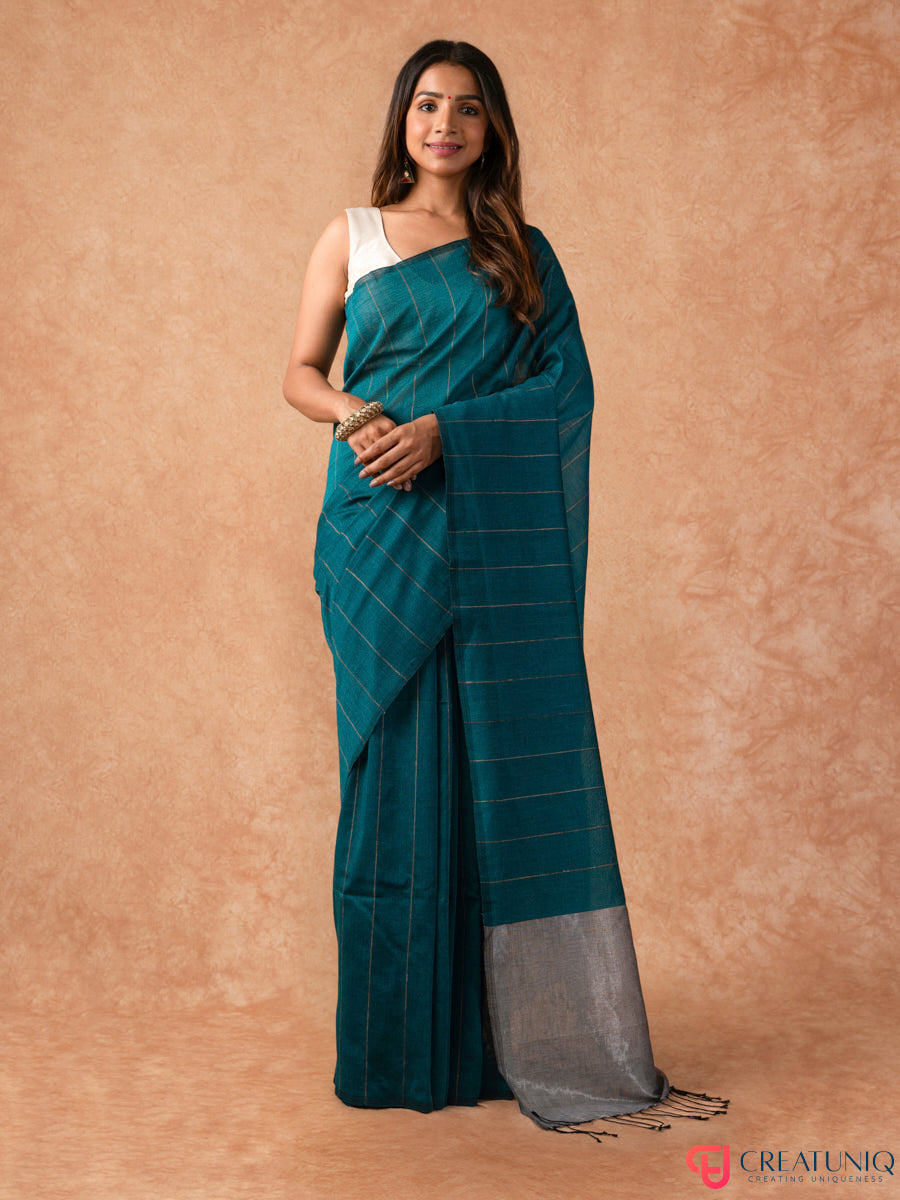Katia Strip Bengal Handloom Pure Mul Cotton Saree – Blue & Grey