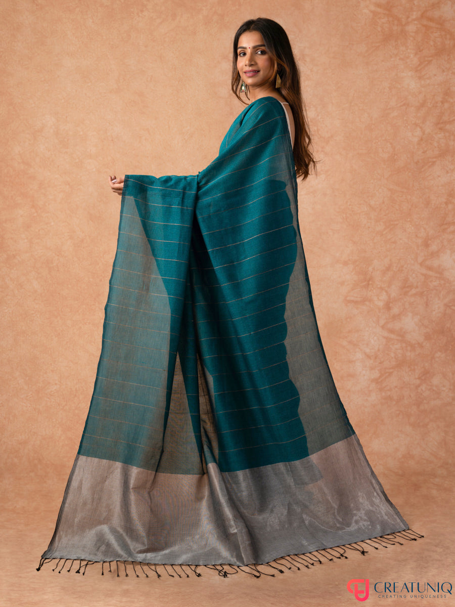 Katia Strip Bengal Handloom Pure Mul Cotton Saree – Blue & Grey