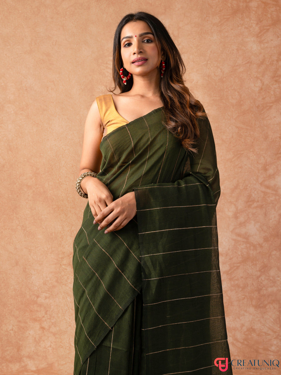Katia Strip Bengal Handloom Pure Mul Cotton Saree – Green & Grey