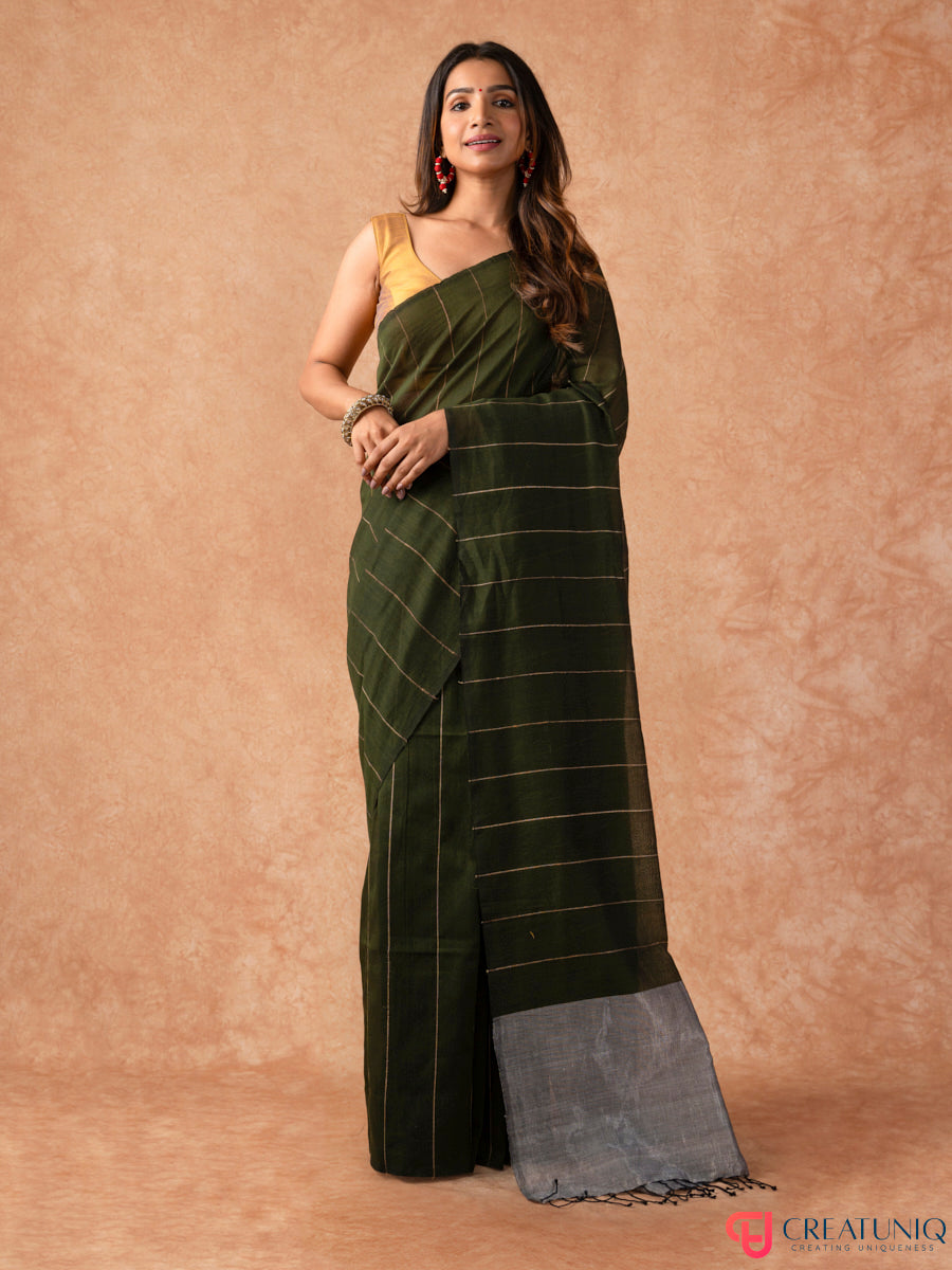 Katia Strip Bengal Handloom Pure Mul Cotton Saree – Green & Grey