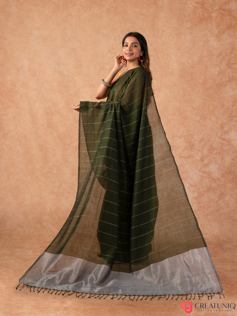 Katia Strip Bengal Handloom Pure Mul Cotton Saree – Green & Grey