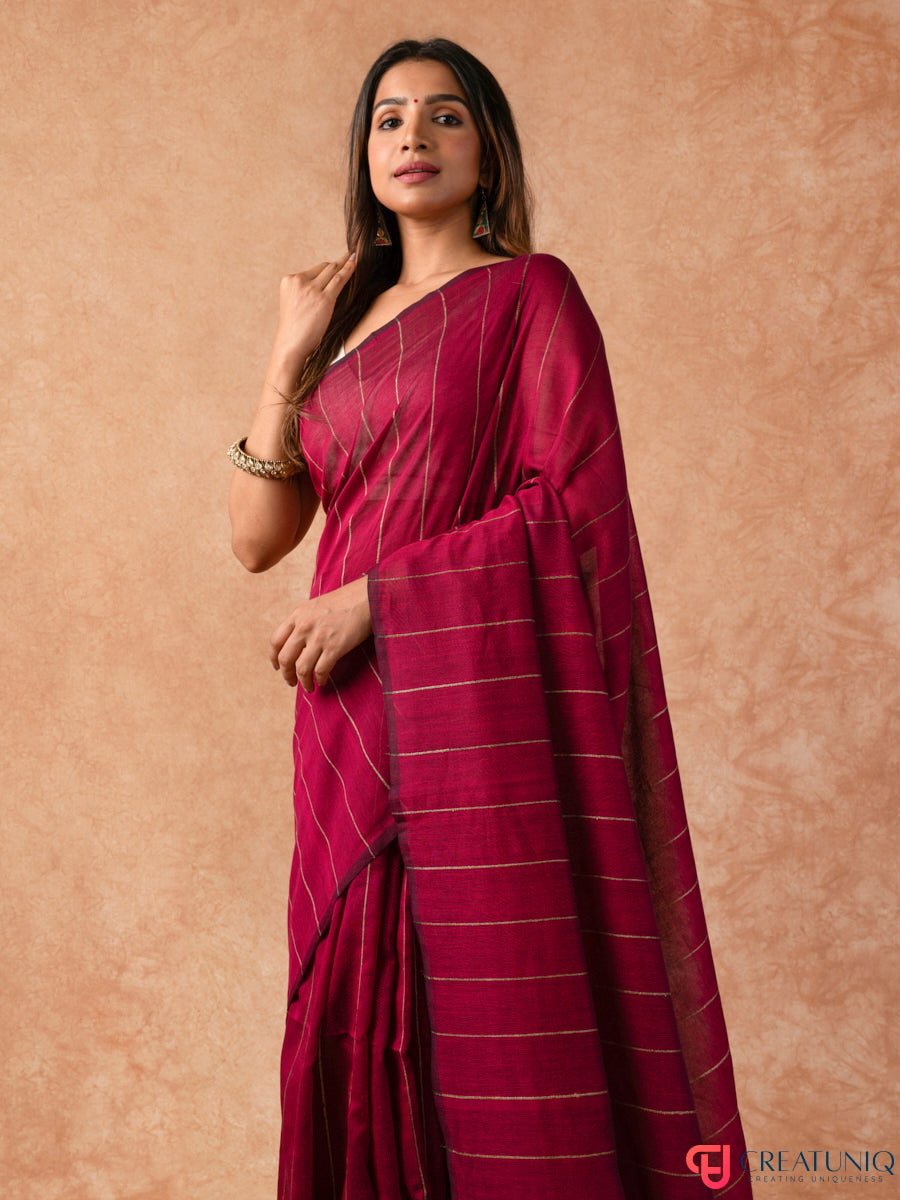 Katia Strip Bengal Handloom Pure Mul Cotton Saree – Red & Grey