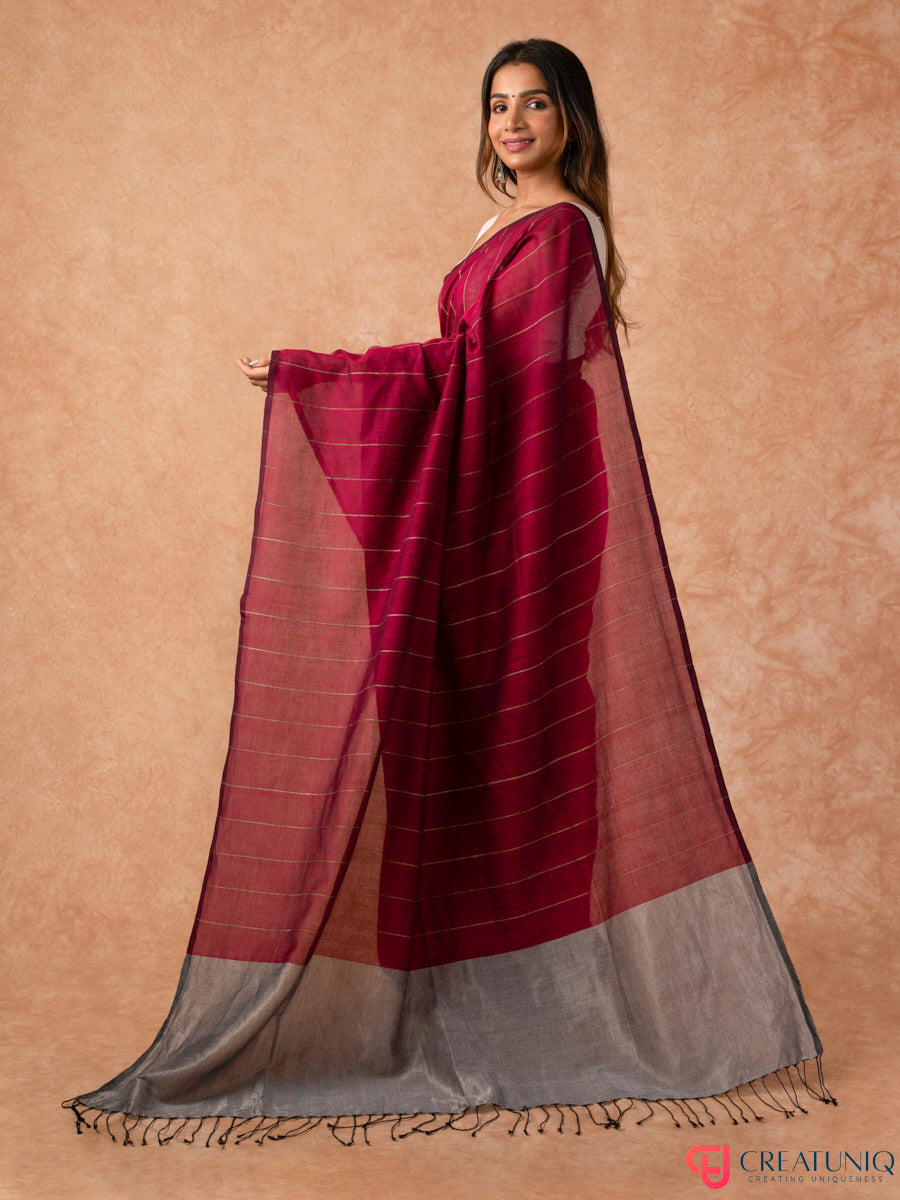Katia Strip Bengal Handloom Pure Mul Cotton Saree – Red & Grey