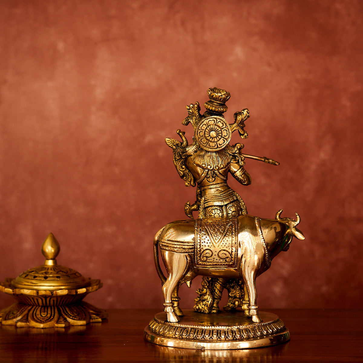Krishna with Cow Brass Statue 10" with Antique Polish