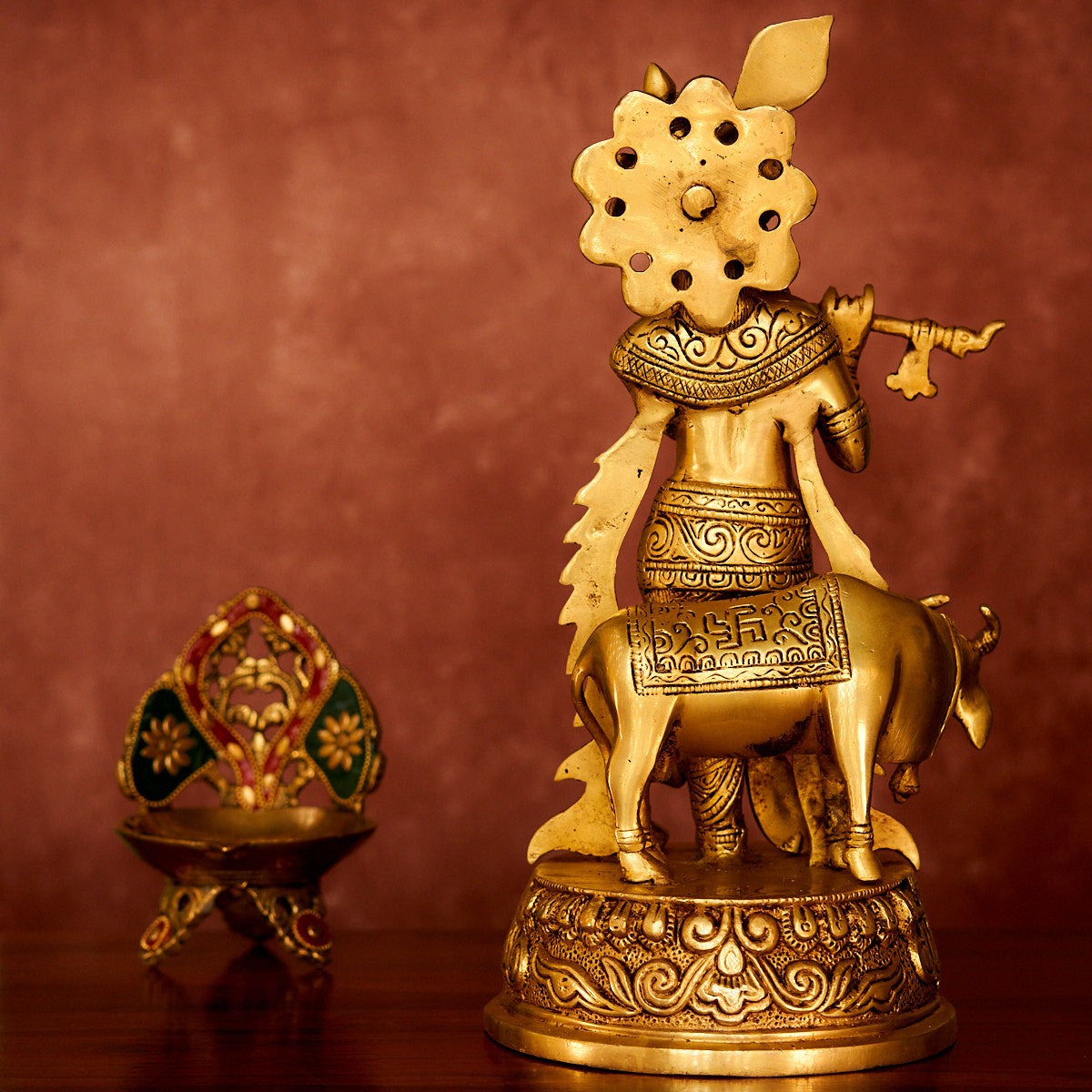 Krishna with Cow Brass Statue 13" with Antique Polish
