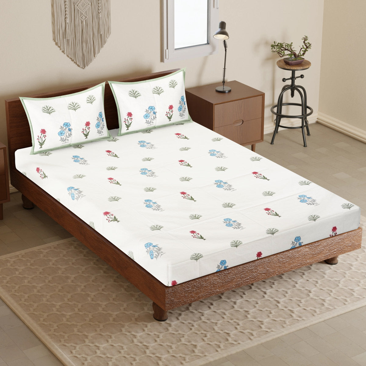 Leaf and Bloom Hand Block Printed Cotton Bedsheet