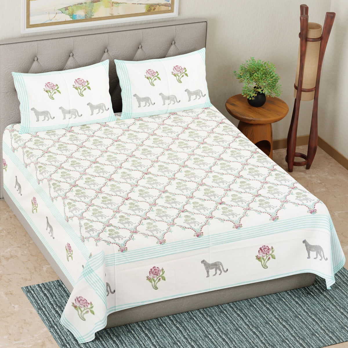 Leopard and Floral Hand Block Printed Cotton Bedsheet