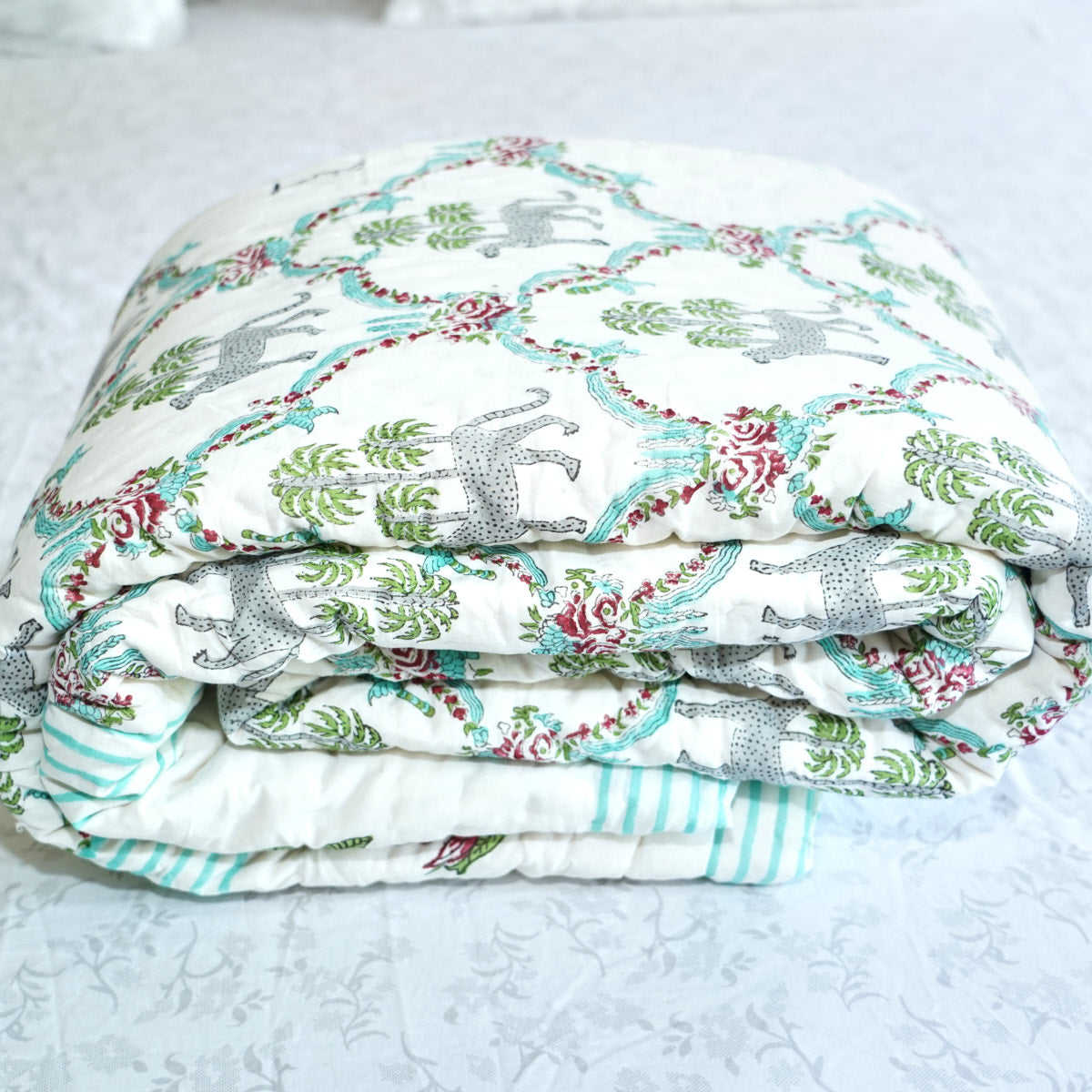 Leopard and Floral Reversible Hand Block Printed Cotton Quilt