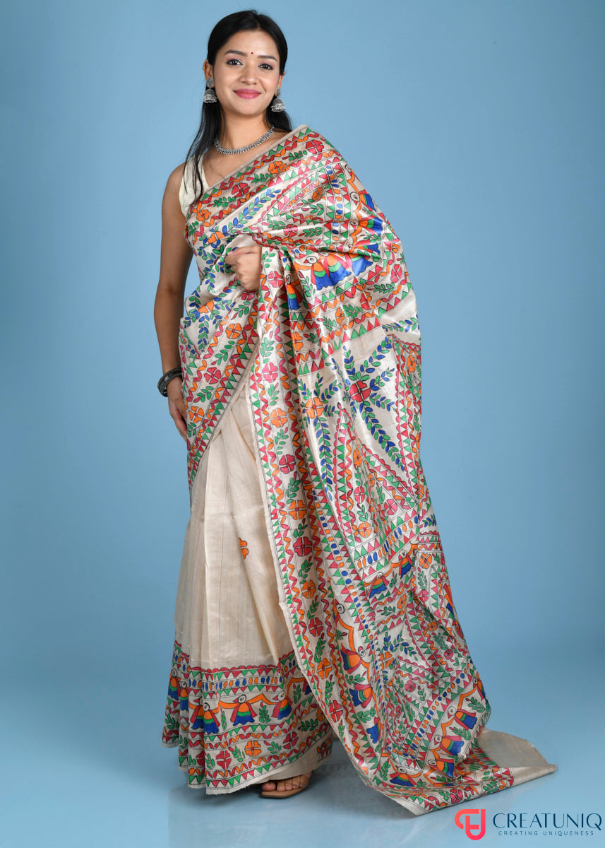 Madhubani Art Pure Silk Saree with Exquisite Hand-Painted Florals and Birds