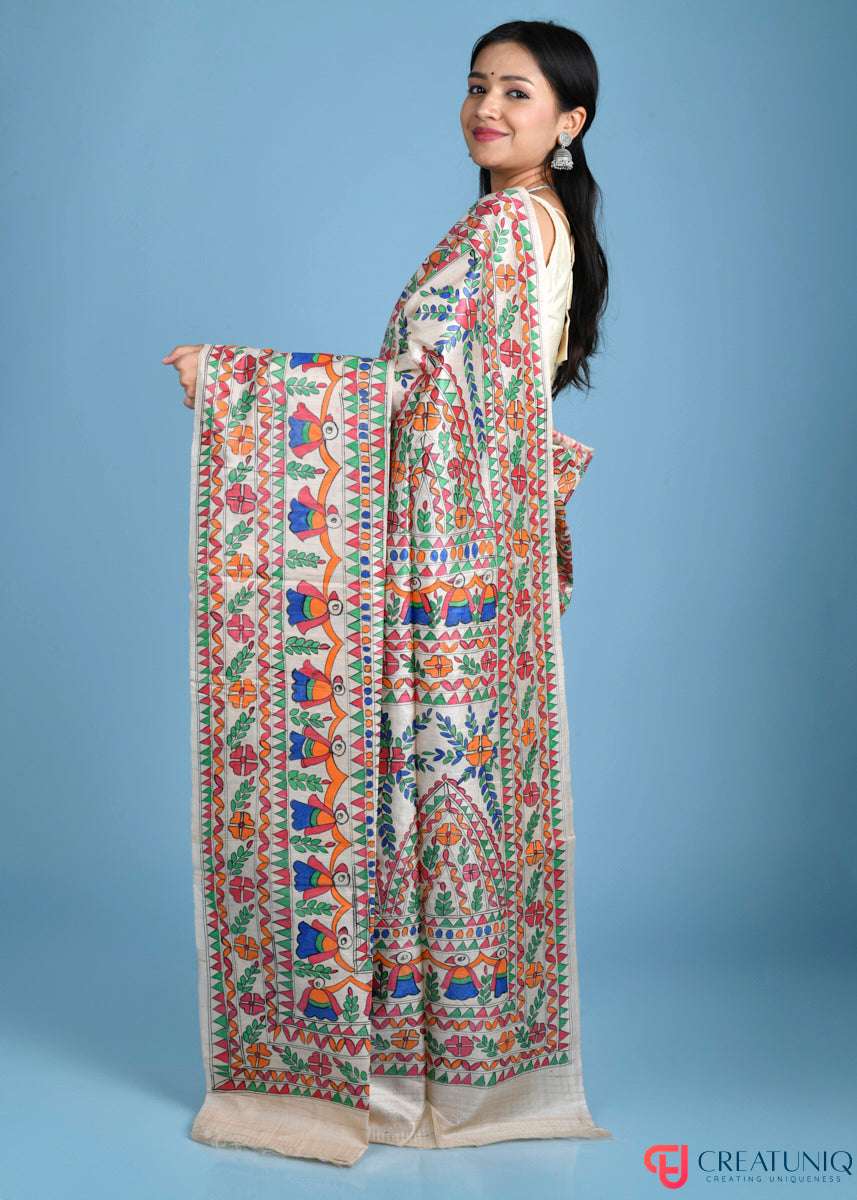 Madhubani Art Pure Silk Saree with Exquisite Hand-Painted Florals and Birds