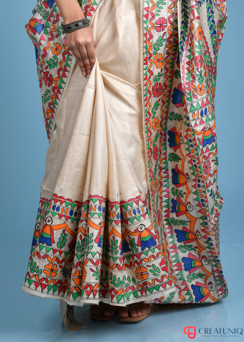Madhubani Art Pure Silk Saree with Exquisite Hand-Painted Florals and Birds