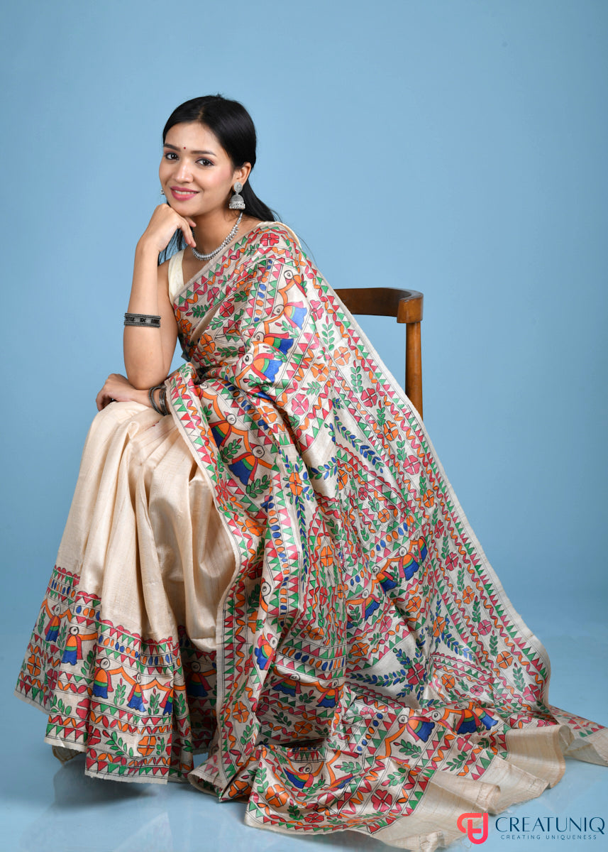 Madhubani Art Pure Silk Saree with Exquisite Hand-Painted Florals and Birds