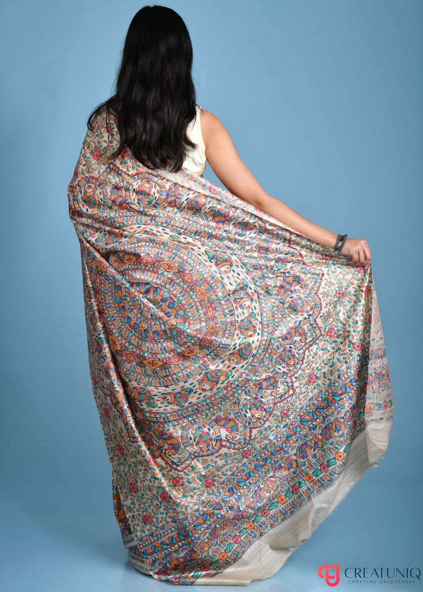 Madhubani Art Pure Silk Saree with Exquisite Hand-Painted Florals and Fishes