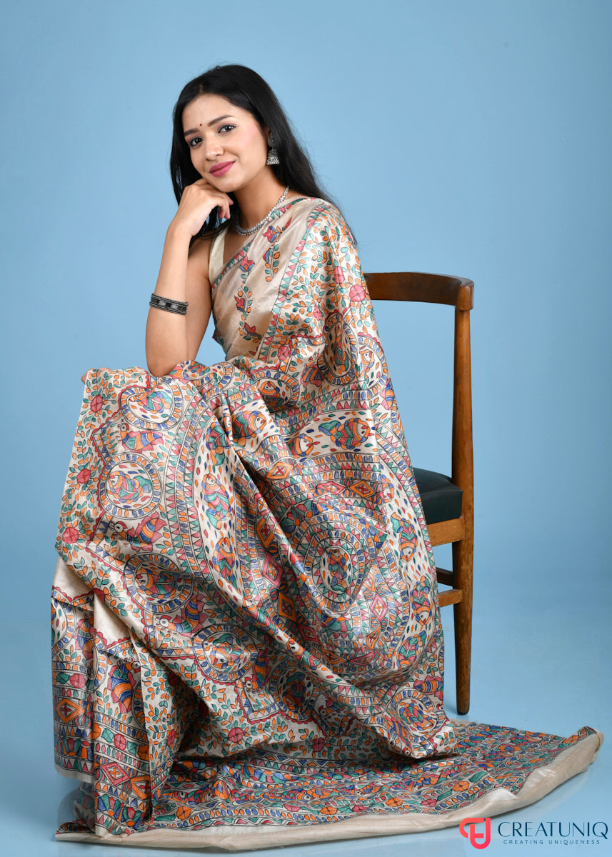 Madhubani Art Pure Silk Saree with Exquisite Hand-Painted Florals and Fishes