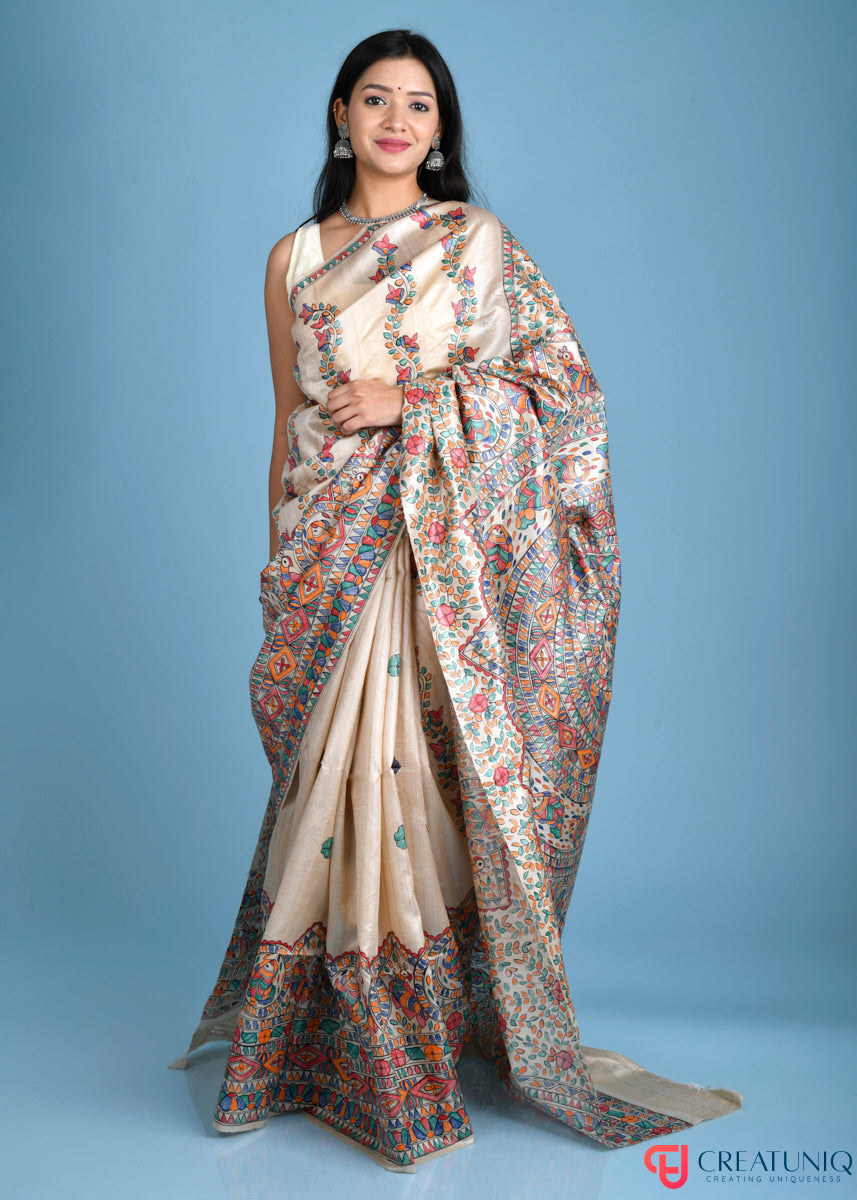 Madhubani Art Pure Silk Saree with Exquisite Hand-Painted Florals and Fishes