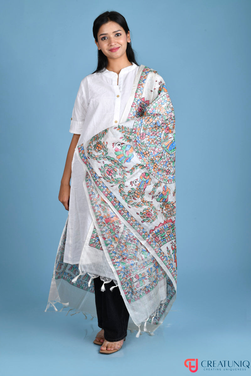 Madhubani Hand-Painted Pure Tussar Silk Dupatta – Floral Motifs