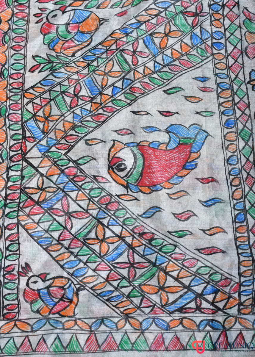 Madhubani Hand-Painted Pure Tussar Silk Dupatta – Floral Motifs