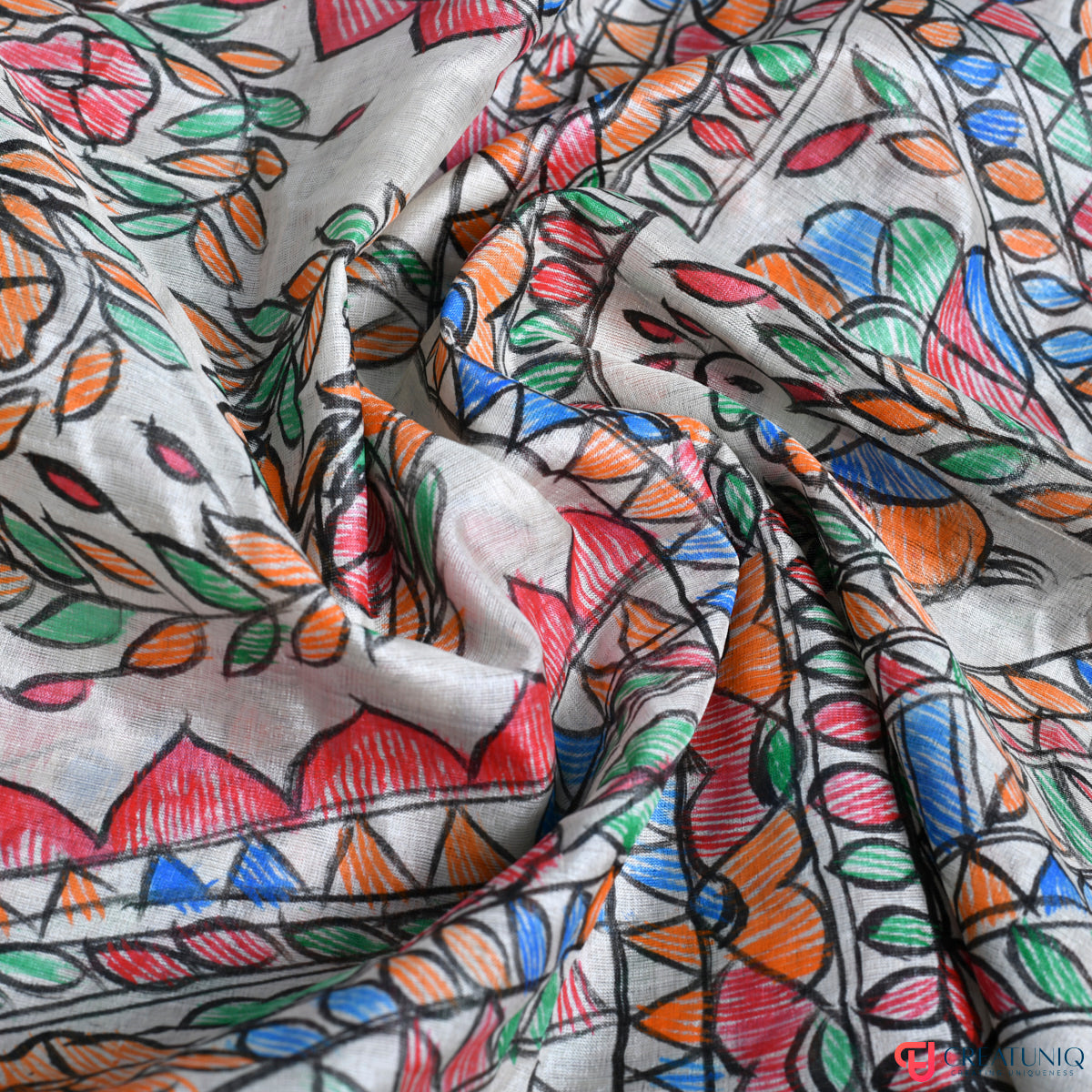 Madhubani Hand-Painted Pure Tussar Silk Dupatta – Floral Motifs