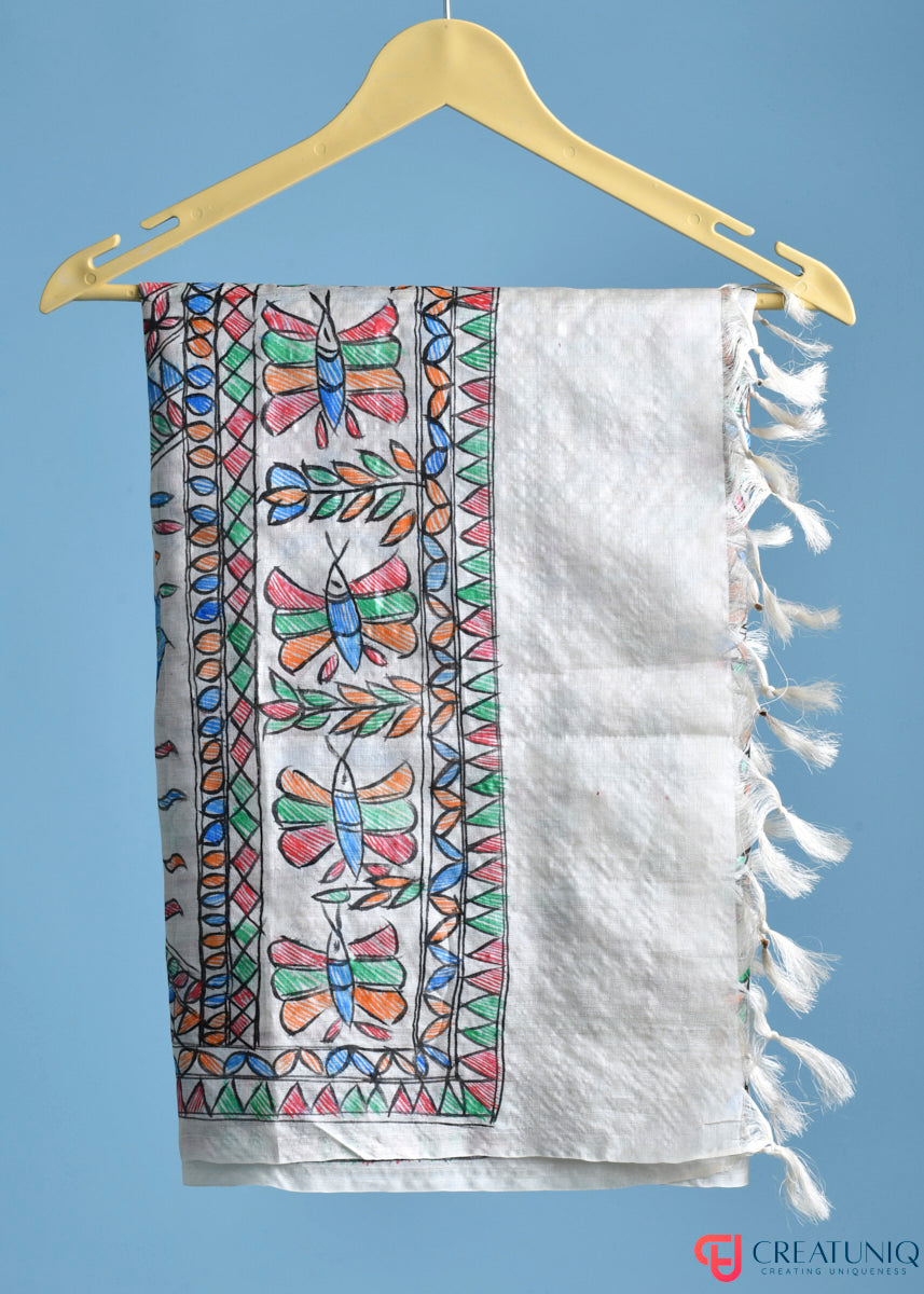 Madhubani Hand-Painted Pure Tussar Silk Dupatta – Floral Motifs