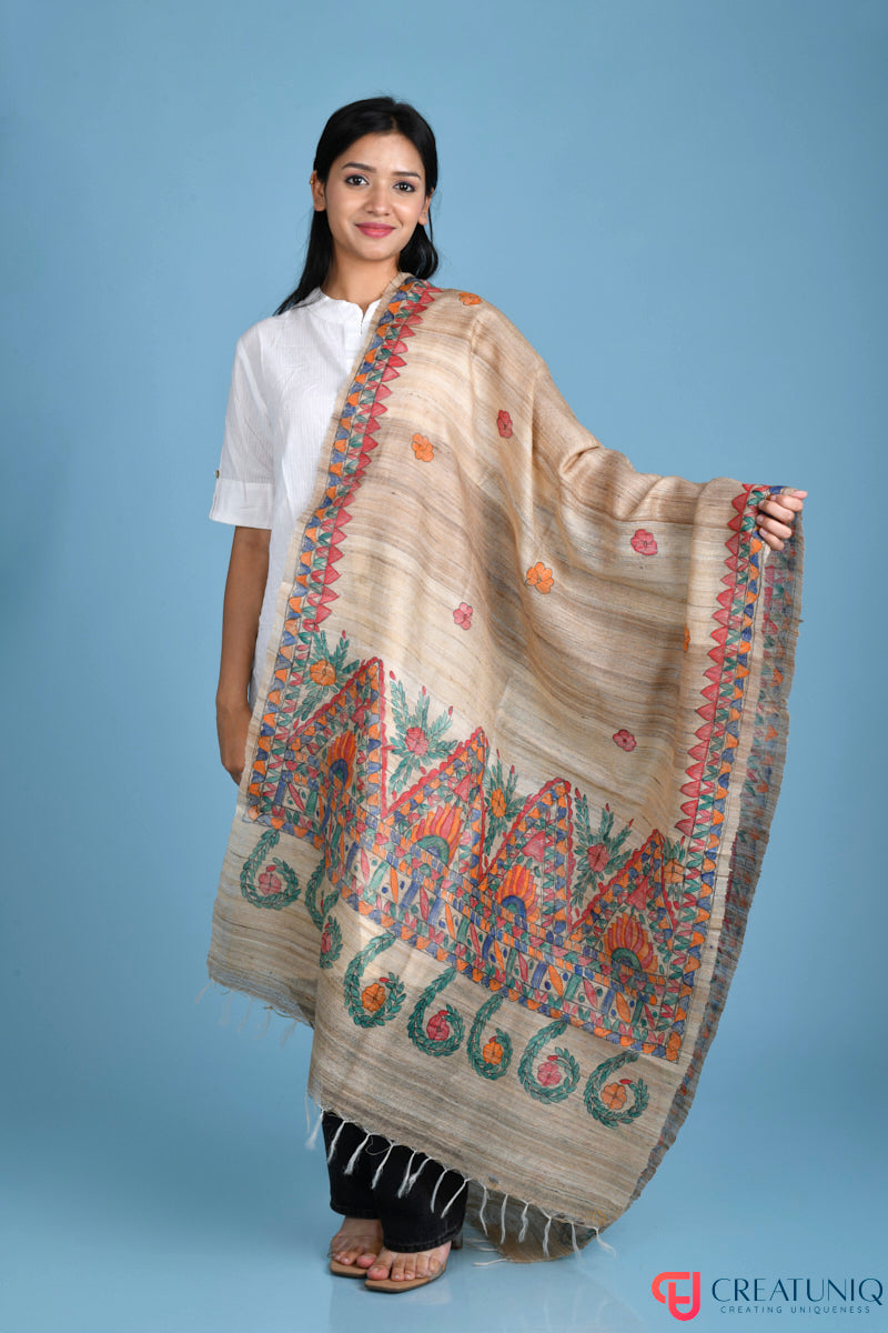 Madhubani Hand-Painted Tussar Ghicha Silk Dupatta – Floral Heritage