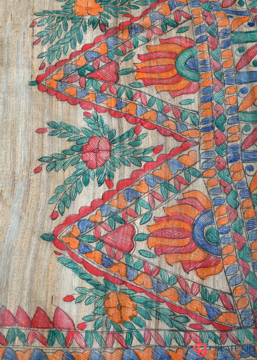 Madhubani Hand-Painted Tussar Ghicha Silk Dupatta – Floral Heritage