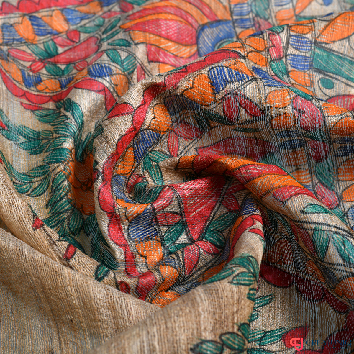Madhubani Hand-Painted Tussar Ghicha Silk Dupatta – Floral Heritage